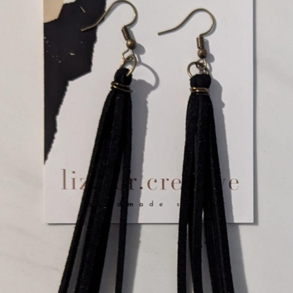 Black Fringe Tassel Earrings with Antique Brass Hooks